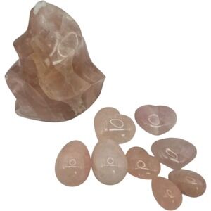 Rose Quartz Natural Polished 4.6" Flame 4 Hearts 4 Eggs Crystal Healing Display